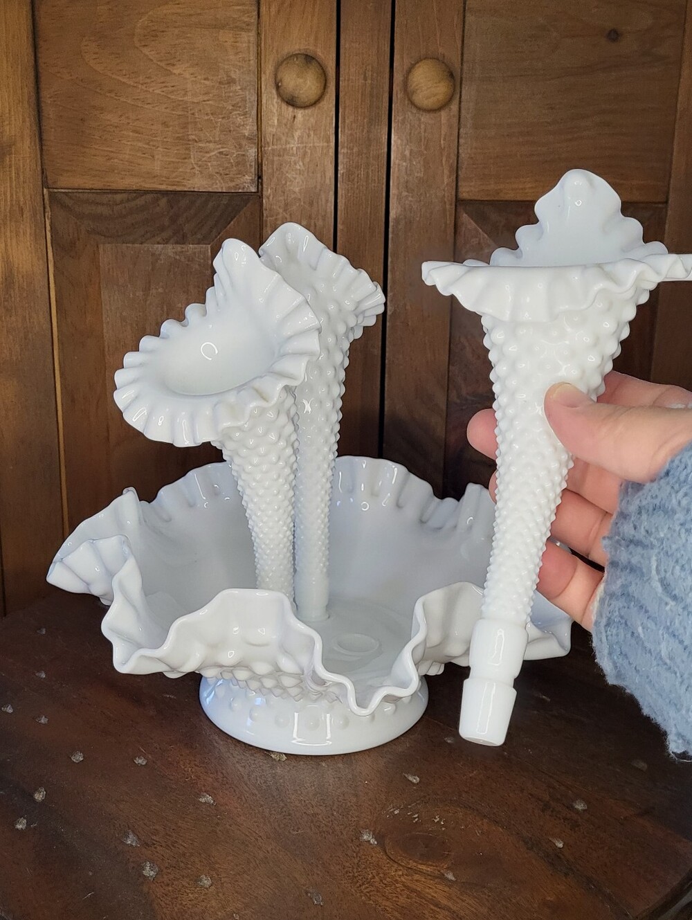 Fenton White Hobnail Milk Glass Epergne Centerpiece - Picture 8 of 12